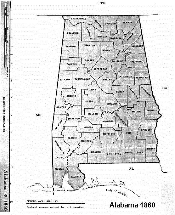 Map of Alabama in 1860