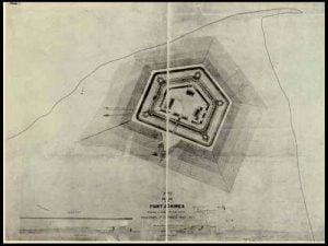 This plan of Fort Gaines shows the general shape and outline of the fort. You can also see the outline of the tip of the island where the fort is located as it was when the fort was constructed.