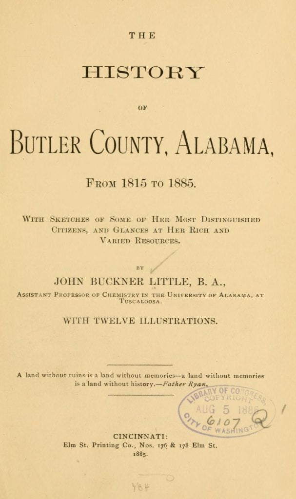 The History of Butler County, Alabama, from 1815 to 1885 title page