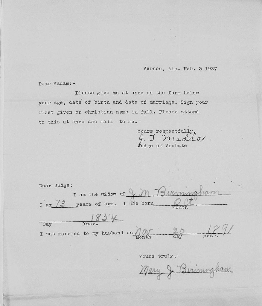 Mary J Birmingham 1927 Alabama State Census record
