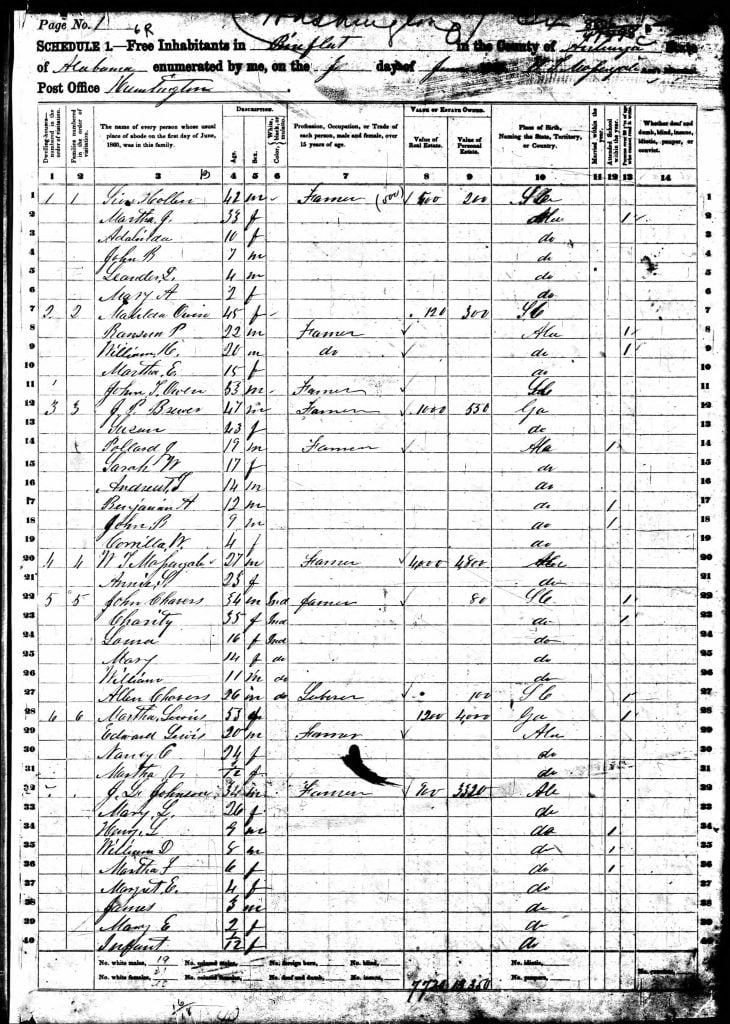 Autauga County AL 1860 Census page 1