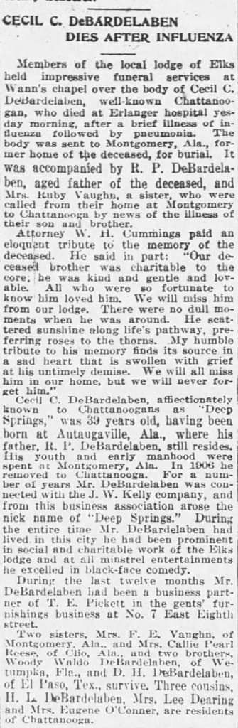 Obituary for Cecil Debardelaben, 1918 - Chattanooga