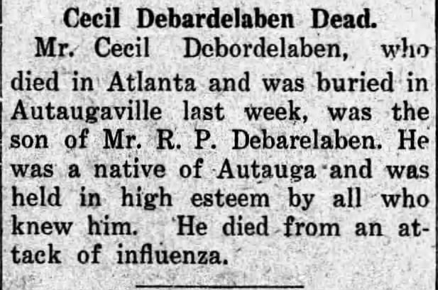 Obituary for Cecil Debardelaben, 1918