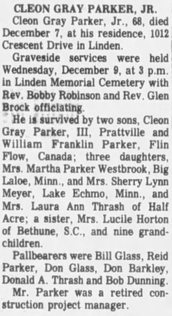 Obituary for Cleon Gray Parker, Jr, 1987