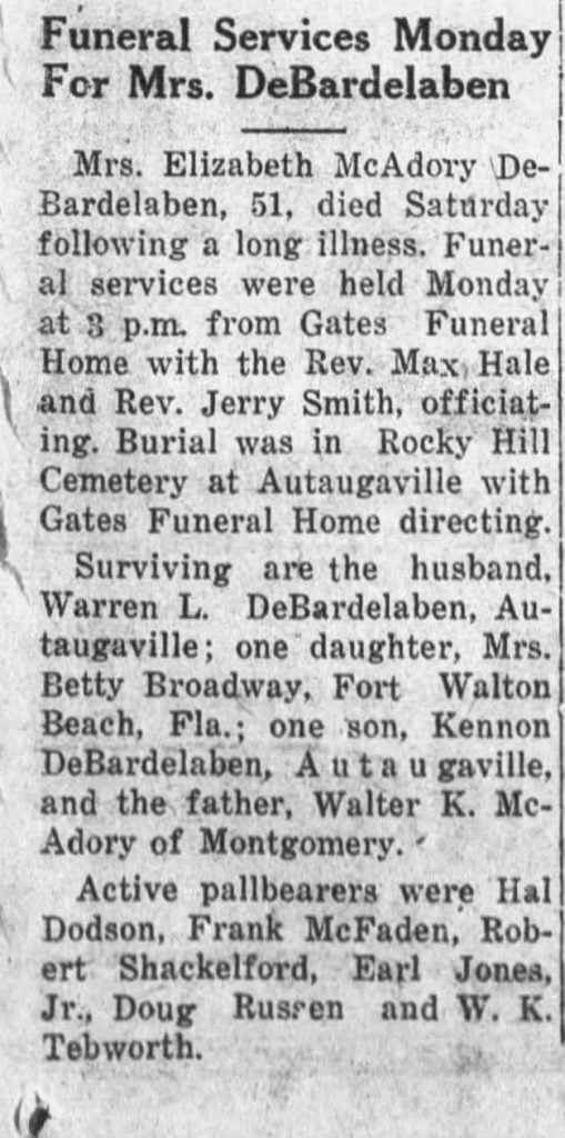 Obituary for Elizabeth McAdory DeBardelaben, 1959