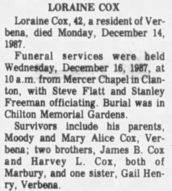 Obituary for Loraine Cox, 1987