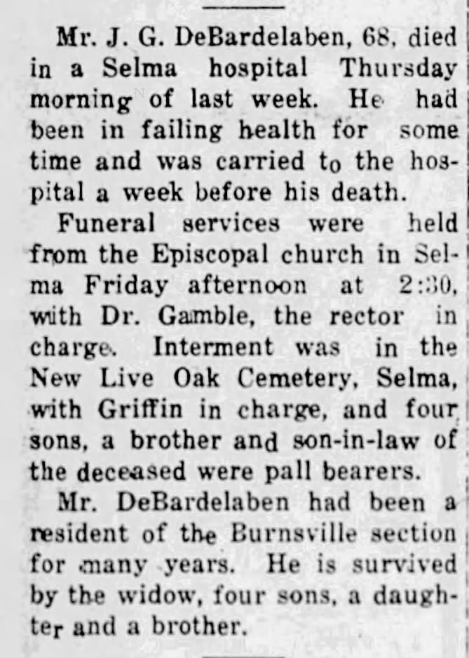 Obituary for Mr. J. G. DeBardelaben, 1933