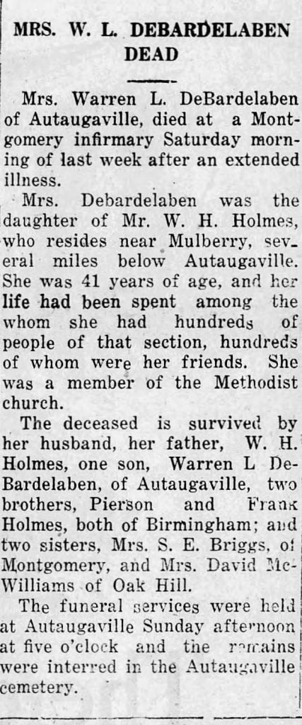 Obituary for Mrs. W. L. DeBardelaben, 1927