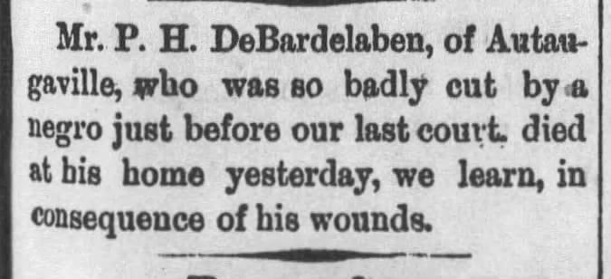 Obituary for Pierce DeBardelaben, 1880