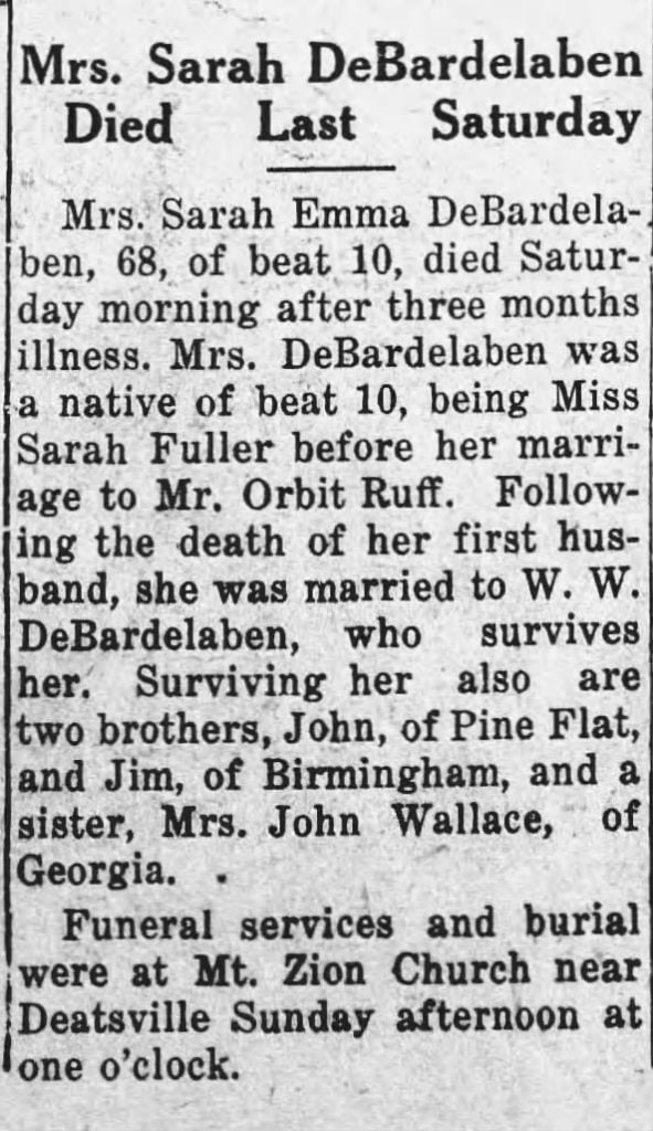 Obituary for Sarah Emma DeBardelaben, 1938