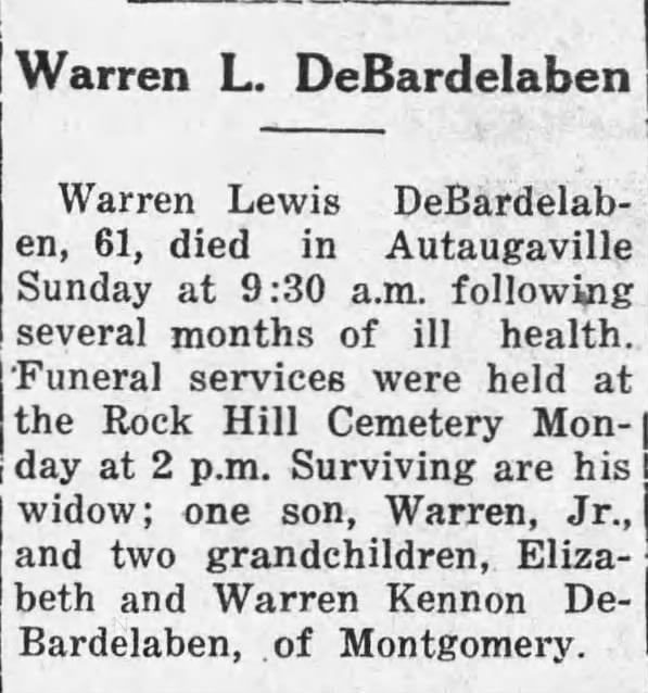 Obituary for Warren Lewis DeBardelaben, 1941