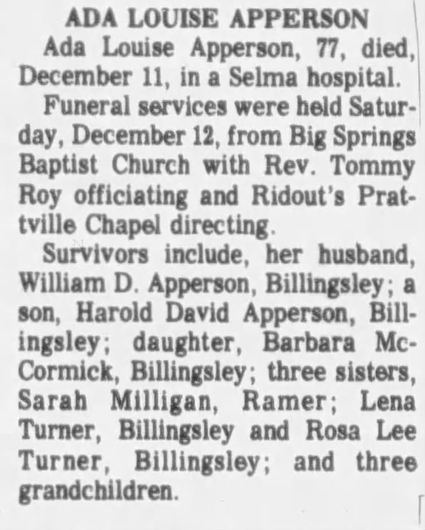 Obituary of Ada Louise Apperson, 1987