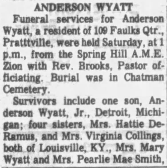Obituary of Anderson Wyatt, 1987, part 1