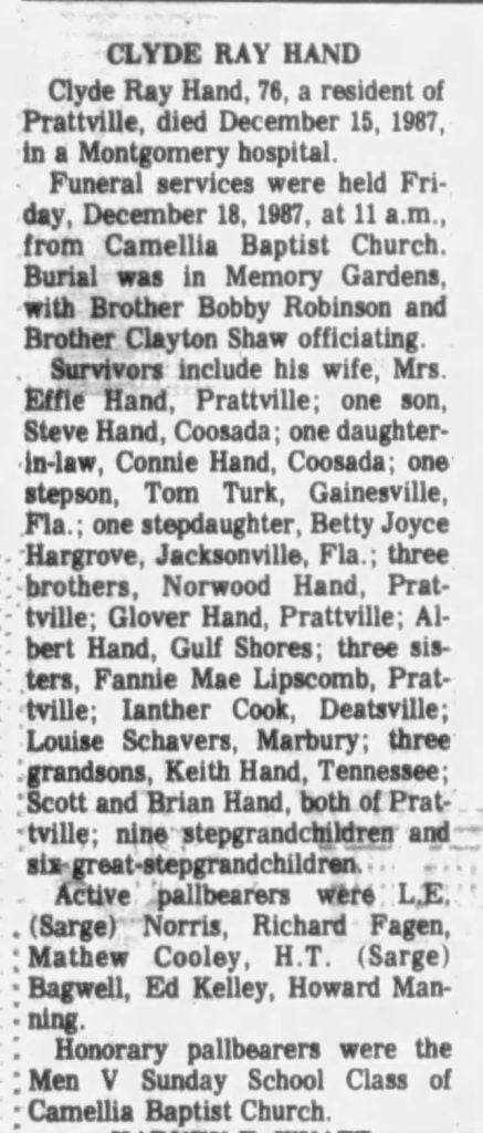 Obituary of Clyde Ray Hand, 1987