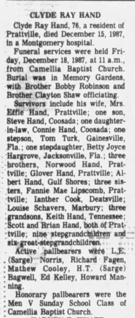 Obituary of Clyde Ray Hand, 1987