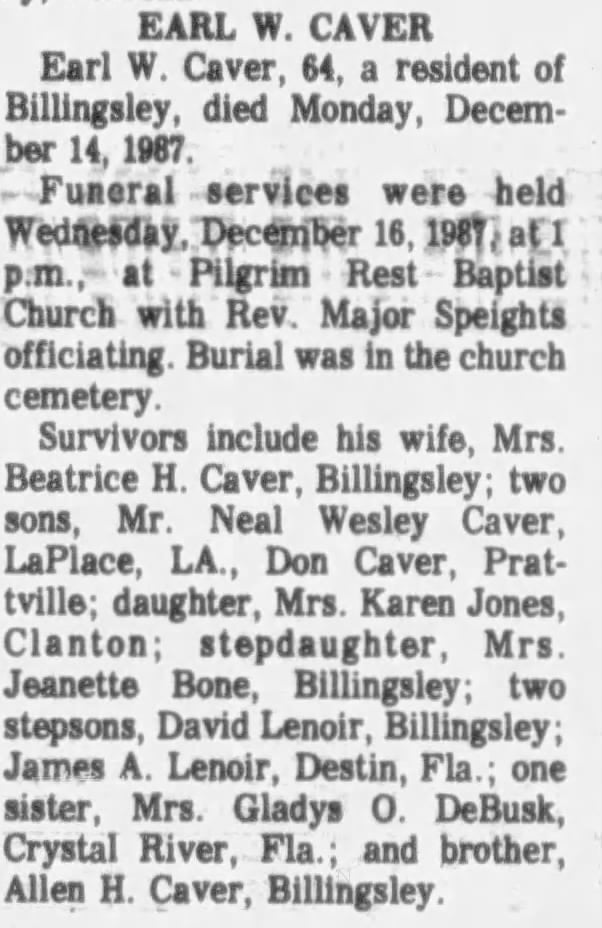 Obituary of Earl W. Caver, 1987
