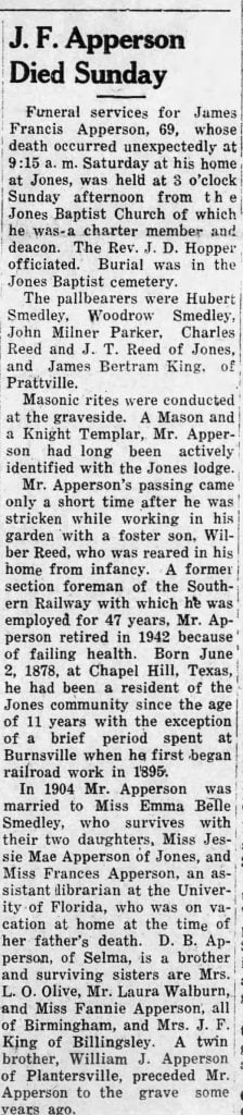 Obituary of J F Apperson, 1948