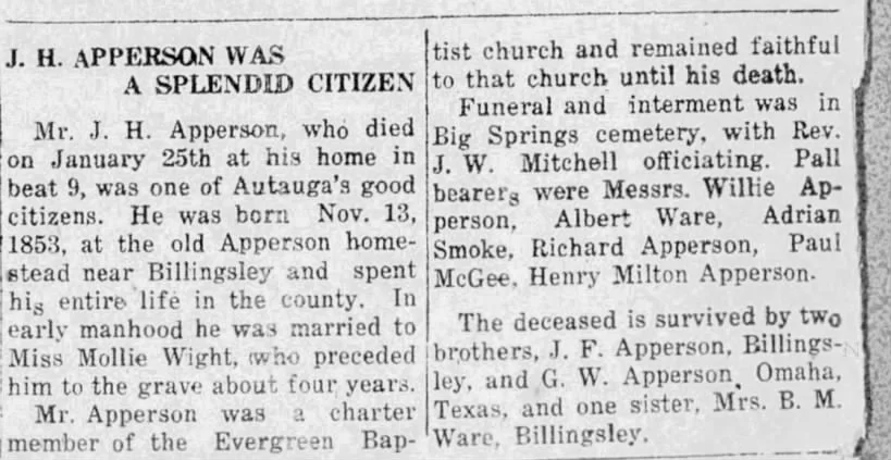 Obituary of J H Apperson, 1934