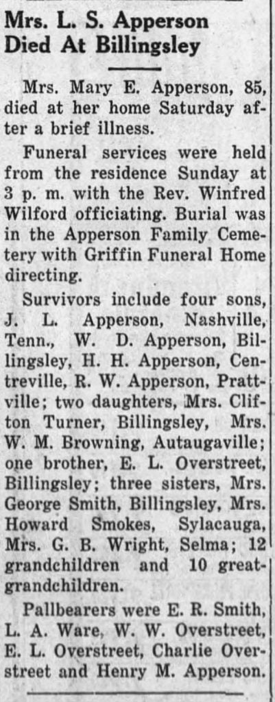 Obituary of Mary Elizabeth Overstreet Apperson, 1957