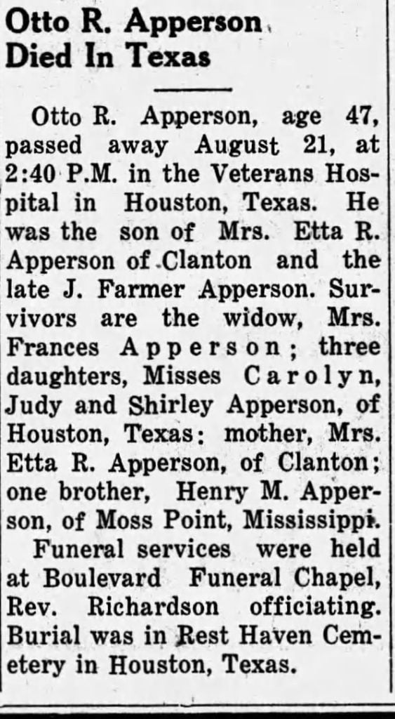 Obituary of Otto R Apperson, 1960