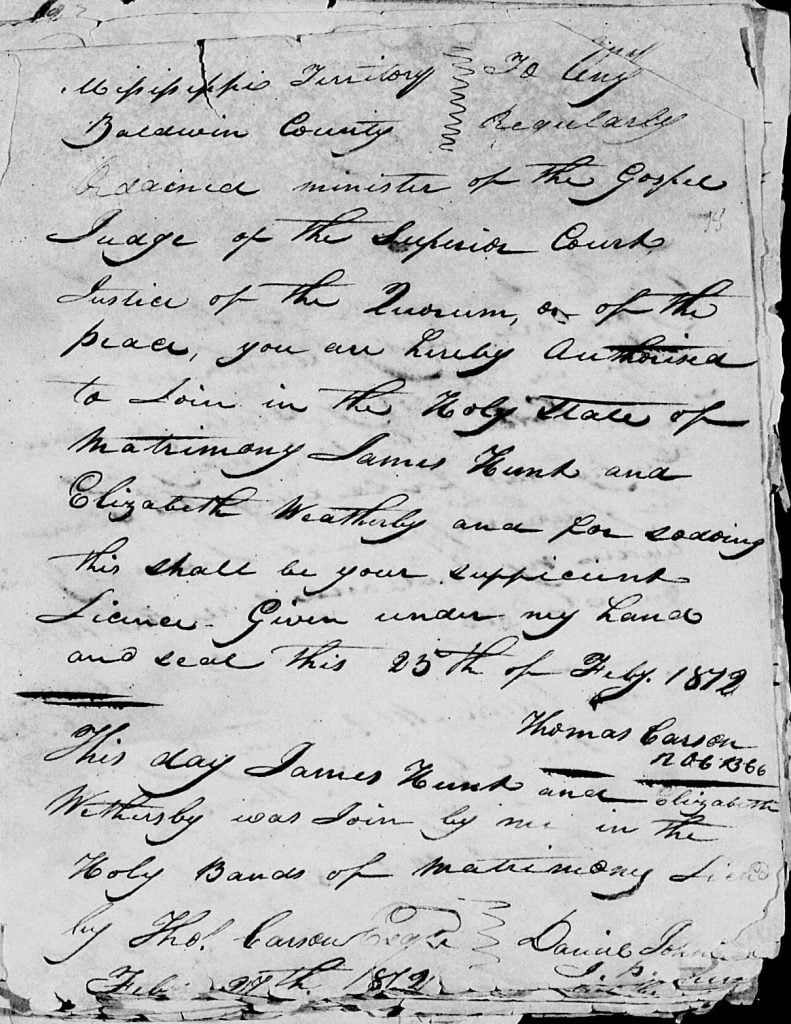 1812 marriage record for James Hunt and Elizabeth Weatherly from Baldwin County Alabama