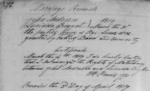 1819 marriage record for John Anderson and Lucinda Bryant or Boykin in Clarke County, Alabama