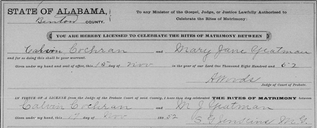 1852 marriage record of Calvin Cochran and Mary Jane Yeatman in Benton County, Alabama