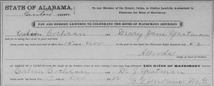 1852 marriage record of Calvin Cochran and Mary Jane Yeatman in Benton County, Alabama