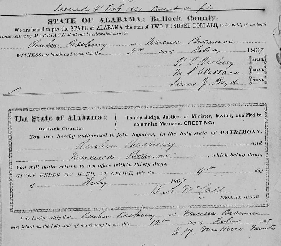 1867 marriage certificate and bond between Reuben Rasberry and Narcissa Brannon in Bullock County, Alabama