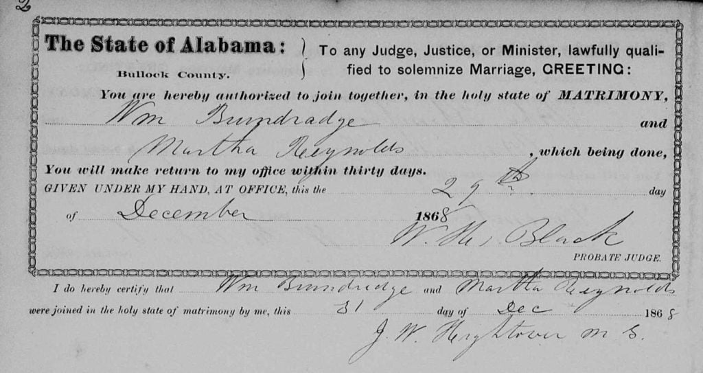 1868 marriage record for William Brundrage and Martha Reynolds in Bullock County, Alabama