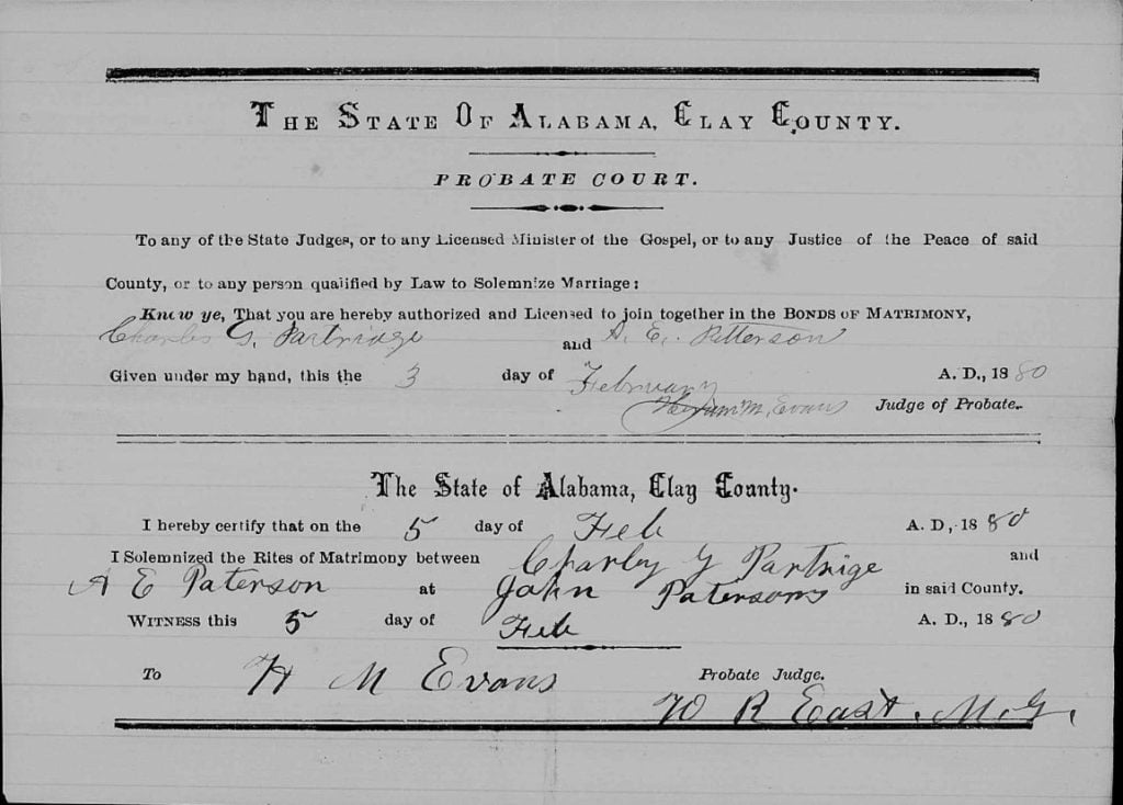 1880 marriage record for Charley G Partridge and A. E. Peterson in Clay County, Alabama