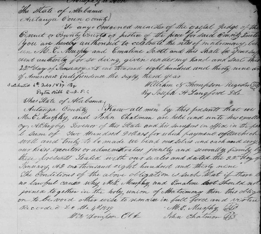 1839 marriage record for M. E. Murphy and Emaline Scott in Autauga County, Alabama