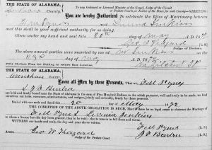 1872 marriage record for F M Byrnes and Levenia Jenkins in Crenshaw County, Alabama