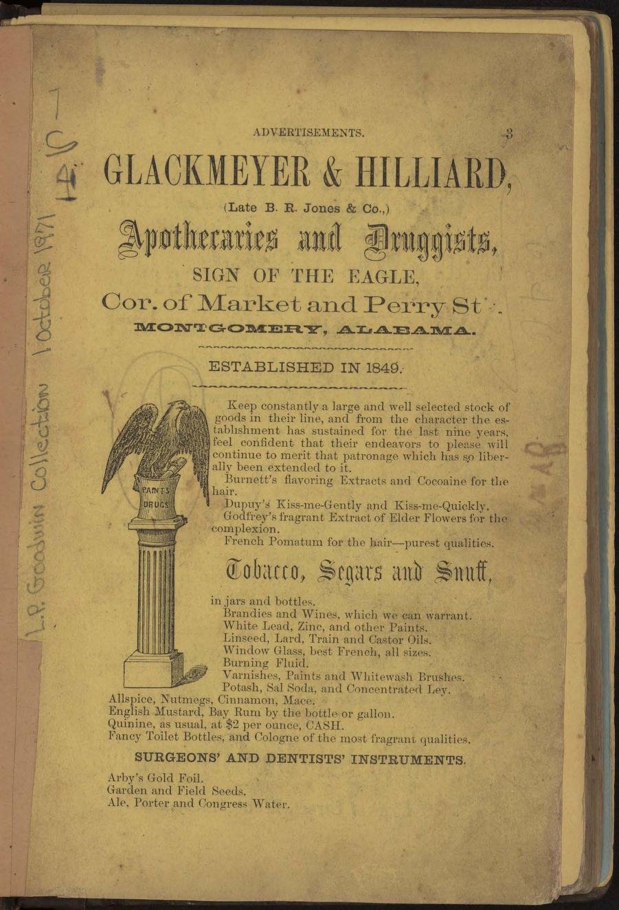 Glackmeyer & Hilliard Apothecaries and Druggists advertisement